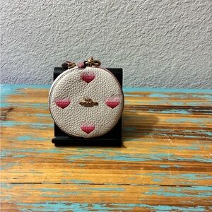 Coach Heart Print Round Coin Pouch Bag Charm Keychain Pebbled Leather NWT